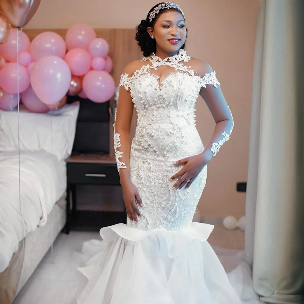 2024 Vintage Mermaid Wedding Dresses Bridal Gowns High Neck Long Sleeves Organza Lace Appliques Beads Pearls Plus Size African Nigerian Fishtail Robe De Mariee