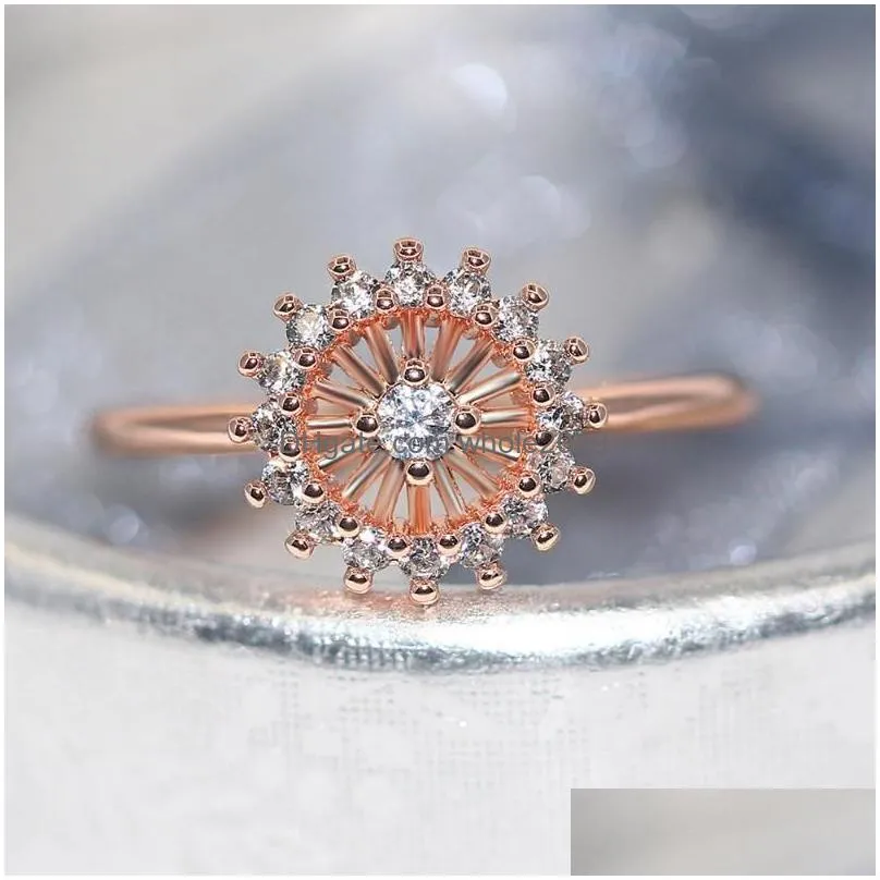 Cluster Rings Double Fair Sun Flower Rings For Women Crystal Cz Rose Gold Color Party Birthday Gift Midi Ring Fashion Jewelry R904224 Dhpan