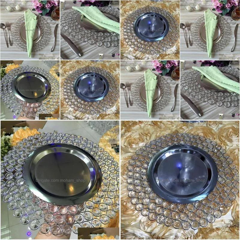 plates wholesale 10pcs/lot crystal metal dinner with shinny acrylic bead gold silver color dish for wedding table decorations