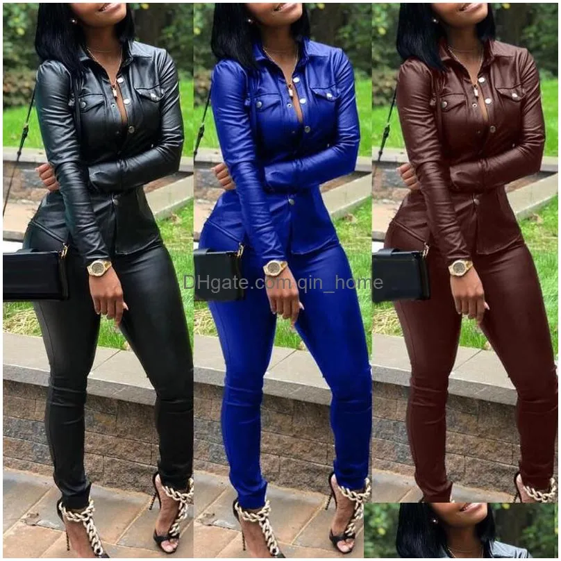 two piece dress 5 color s-xxxl winter overalls pu leather shirtaddpencil pant tracksuit fashion sexy women set pieces jumpsuit casual