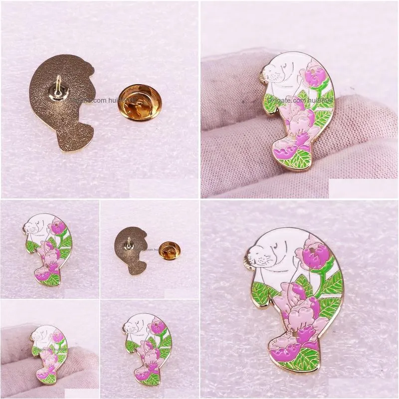 peony manatee protection enamel brooch pin backpack hat bag collar lapel pins badges women mens fashion jewelry accessories