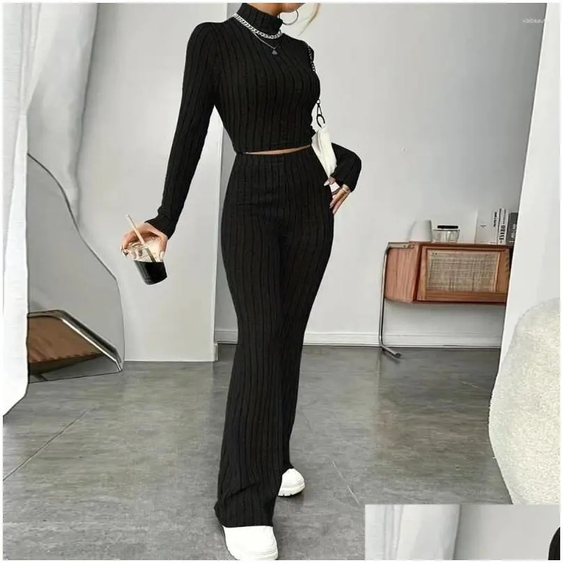 womens two piece pants women elegant knitted outfit winter set turtleneck cropped top high waist flared pullover