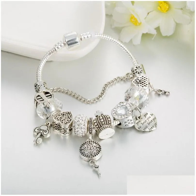 strands bracelet charm white crystal beads diy heart pendant jewelry wholesale