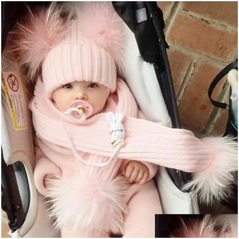 laurashow real raccoon fox fur ball pompoms hat with scarf for kids knit baby winter cap y201024