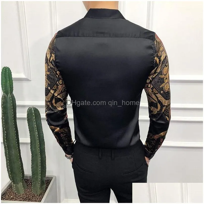 mens dress shirts 2021 band autumn gold social club shirt luxury baroque camisa slim fit black designer