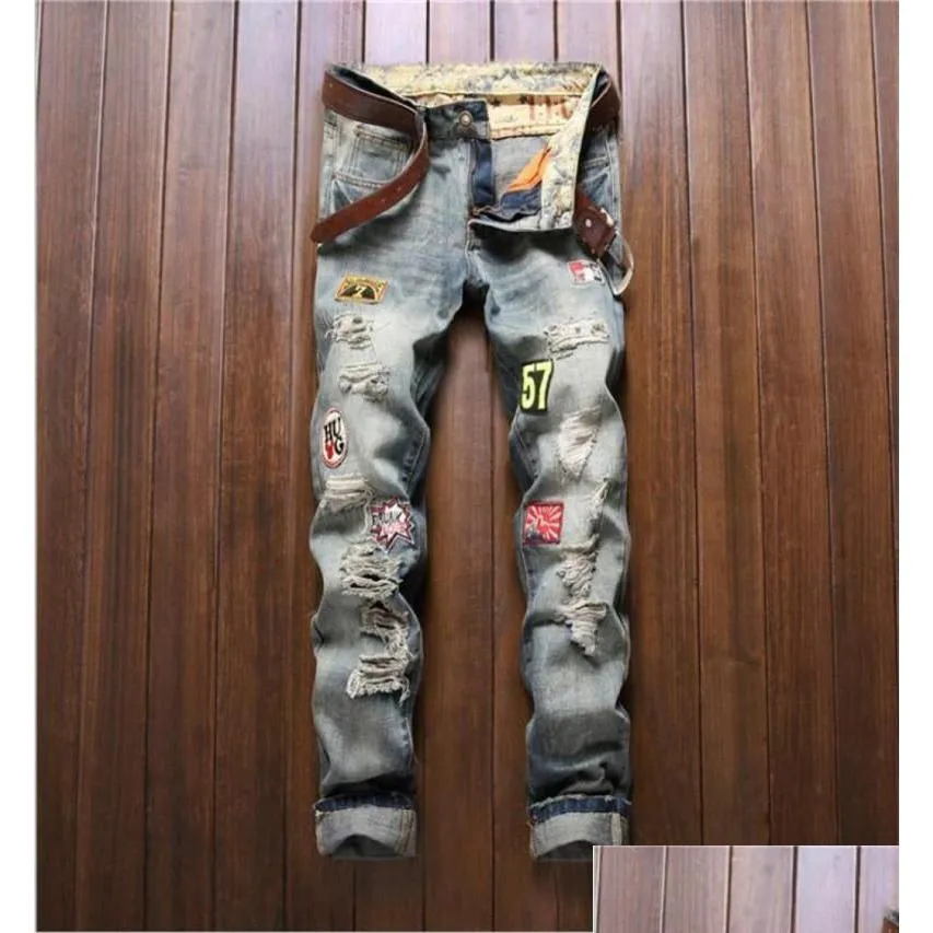 whole2016 mens ripped jeans distressed holework slim fit jeans washed straight denim pants p30929424889