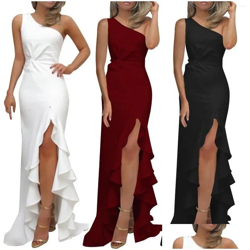 casual dresses womens ruched ruffle formal evening dress one shoulder slim vent solid color sexy elegant off party vestidos