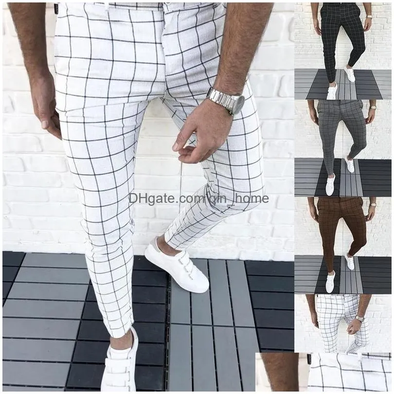 mens pants smart casual fashion clothing plaid pencil thin mid waist jogger trousers for men