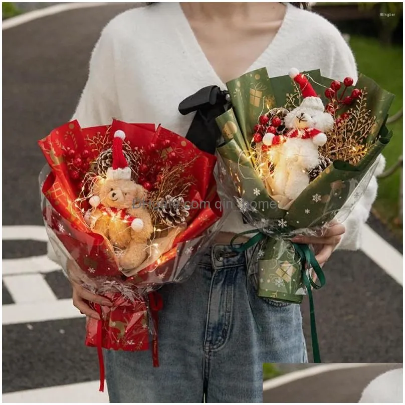 decorative flowers creative artificial christmas hand holding bouquet cute bear dolls with lights string set for xmas valentines day