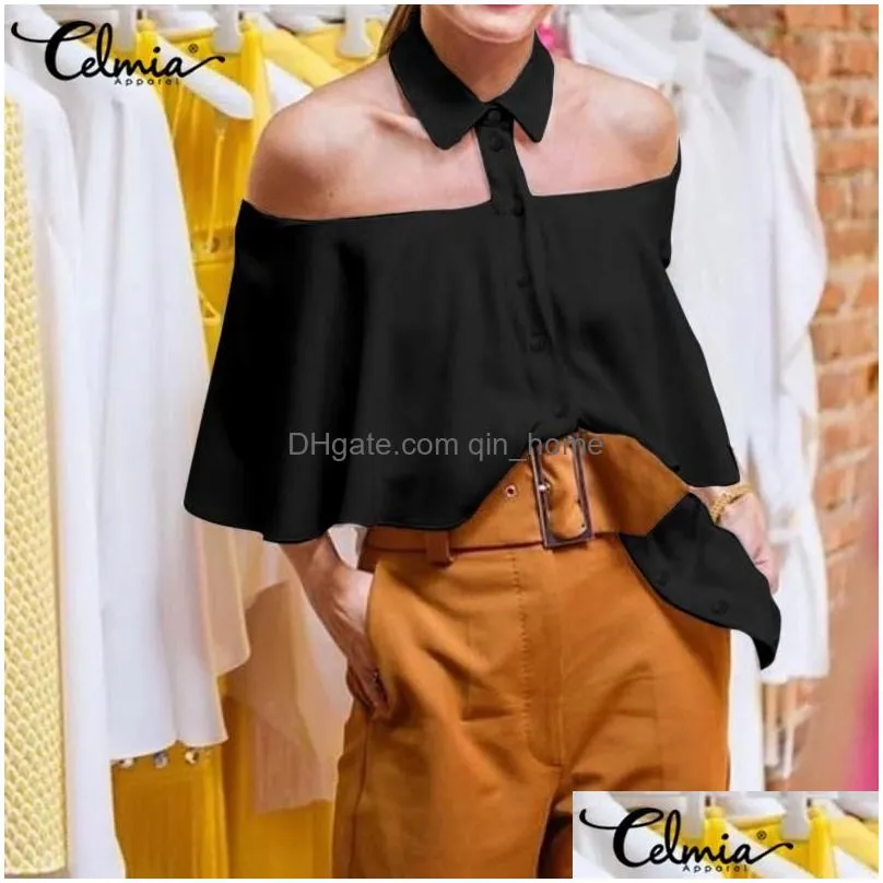 womens blouses shirts women cold shoulder blouse celmia sexy halter shirt 2021 summer ruffles solid office casual tops buttons party