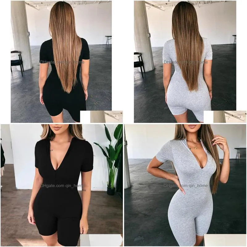 sexy women zipper v-neck jumpsuits fitness tights playsuit costume short sleeve romper tracksuit for women