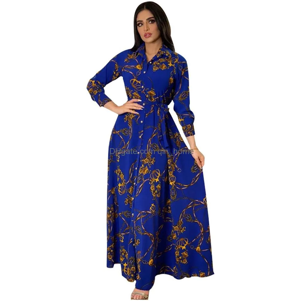 casual dresses fashion french elegant for women summer retro print muslim dubai abaya lapel single-breasted long sleeve shirt dress