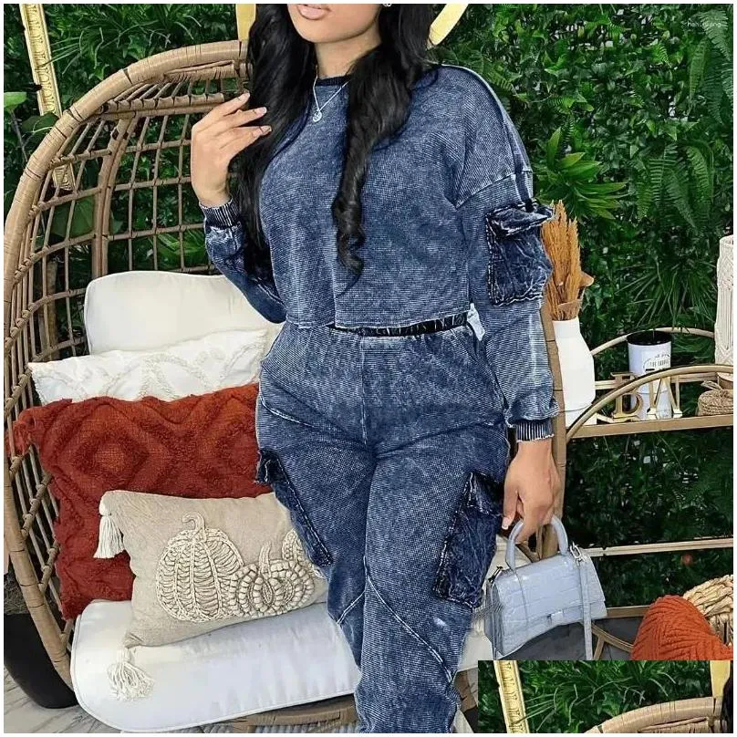 womens two piece pants est style casual pocket pullover long sleeve dark gray suit pieces set
