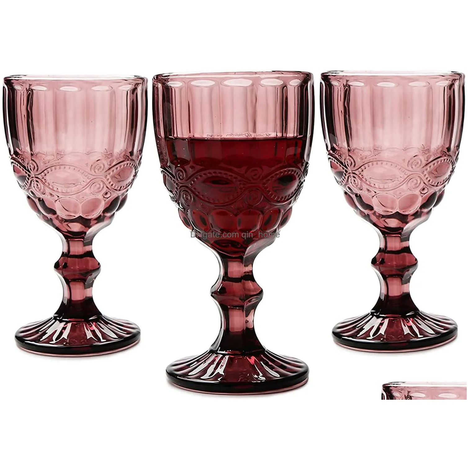 10oz wine glasses colored glass goblet with stem 300ml vintage pattern embossed romantic drinkware for party wedding fast