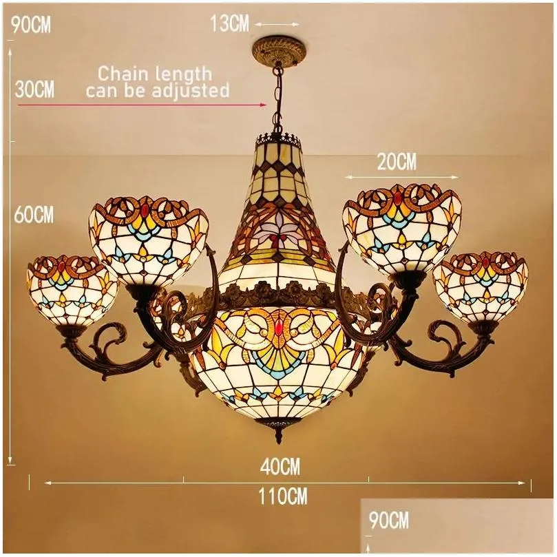 Chandeliers Retro Baroque Style 30Cm Mti Heads Stained Glass Hanging Light Living Room Pendent Lamp House Art Decor Led Drop Delivery Dh4Df