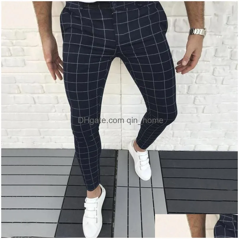 mens pants smart casual fashion clothing plaid pencil thin mid waist jogger trousers for men
