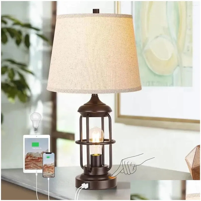 Table Lamps Lamp For Living Room With Usb Ports Touch Control 3-Way Dimmable Bedside Led Night Light Farmhouse Rustic Nightstand Drop Dhq5W