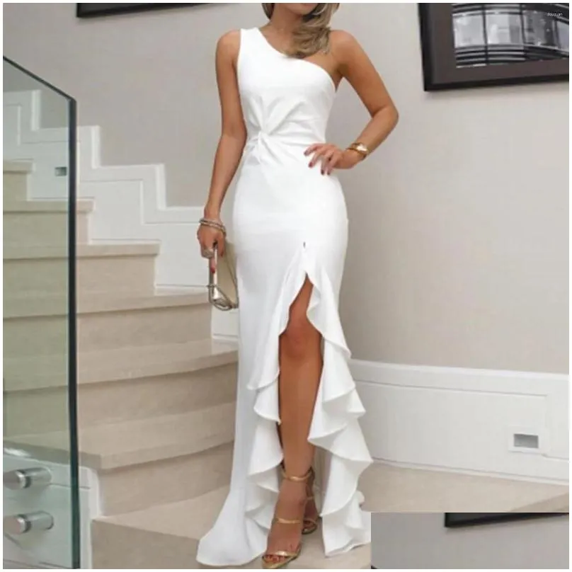 casual dresses womens ruched ruffle formal evening dress one shoulder slim vent solid color sexy elegant off party vestidos