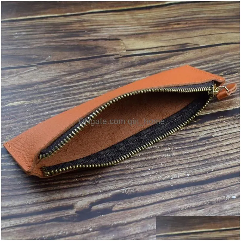 wholesale pencil bags portable soft genuine leather bag handmade vintage cowhide zipper pen case office writing stationery gift