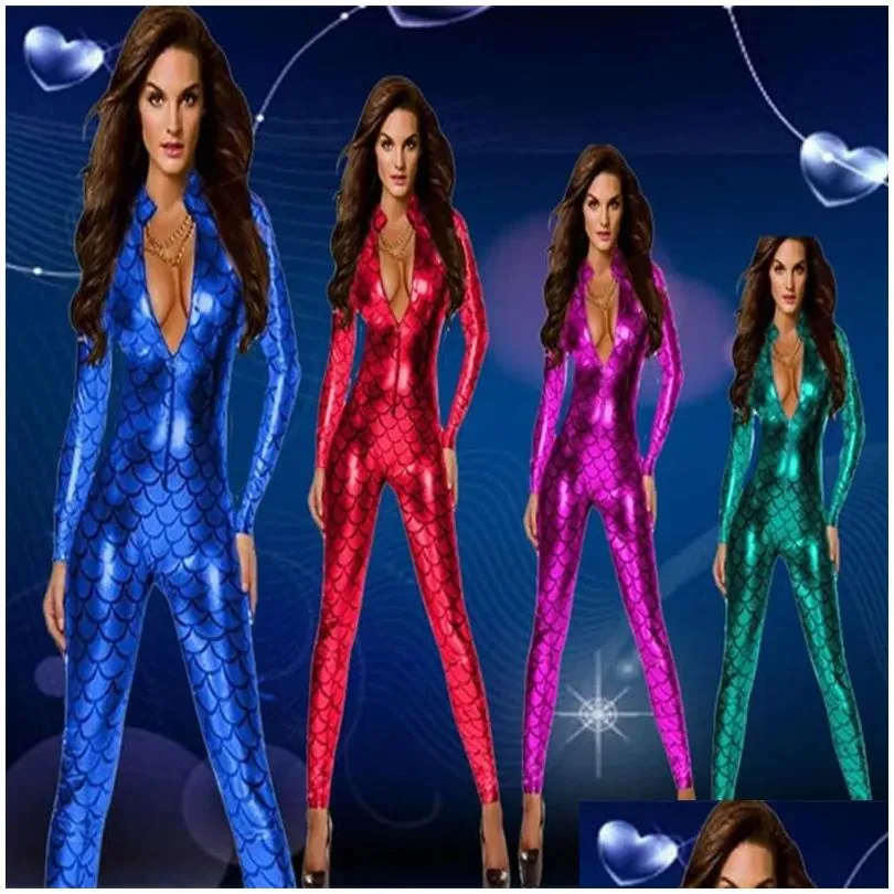 costumes 4 colors fish dragon scales women sexy jumpsuit metallic catsuit front zipper bodycon exotic jumpsuit mermaid cosplay ds stage