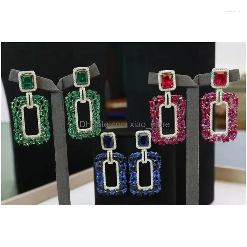 dangle earrings ruihe classic style 925 silver rectangular geometry green blue red zircon women jewelry ladies party gift