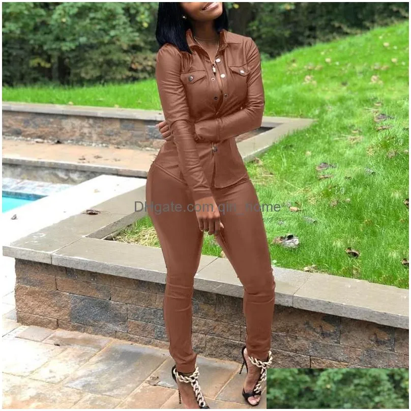 two piece dress 5 color s-xxxl winter overalls pu leather shirtaddpencil pant tracksuit fashion sexy women set pieces jumpsuit casual