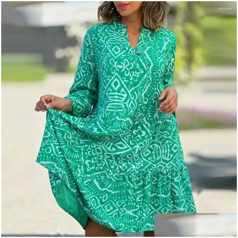 casual dresses dress bohemian geometric print midi with three quarter horn sleeves a-li ork design for womens spring