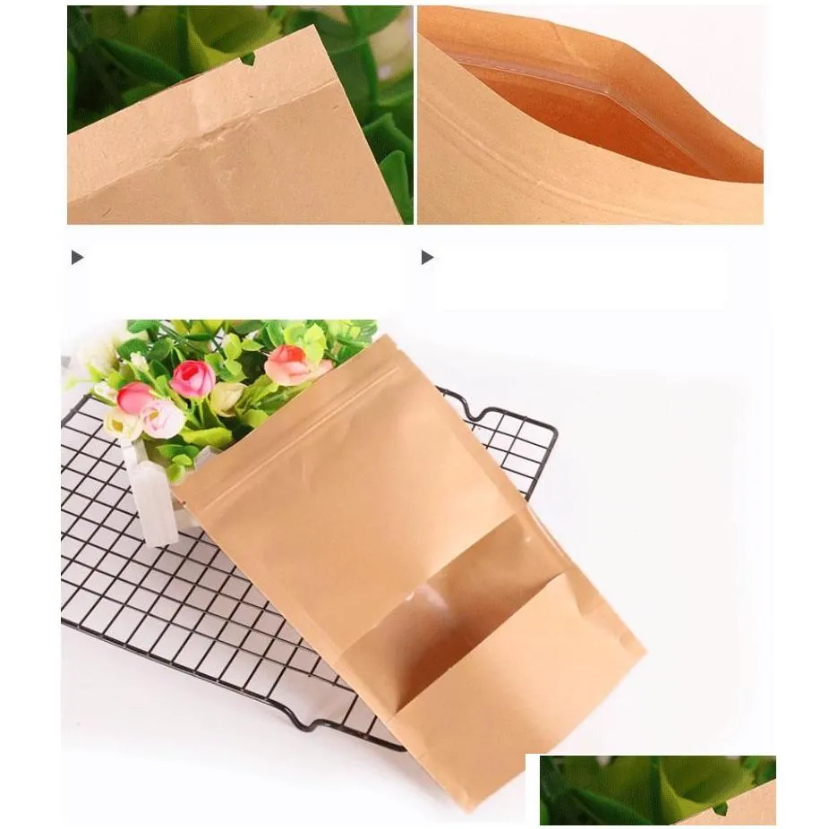 Gift Wrap 50Pcs/Lot Kraft Paper Bag Window Zip Lock Empty Dried Food Fruit Tea Gift Package Self Sealing Zipper Stand Up Bags Hh9-3727 Dhhfl