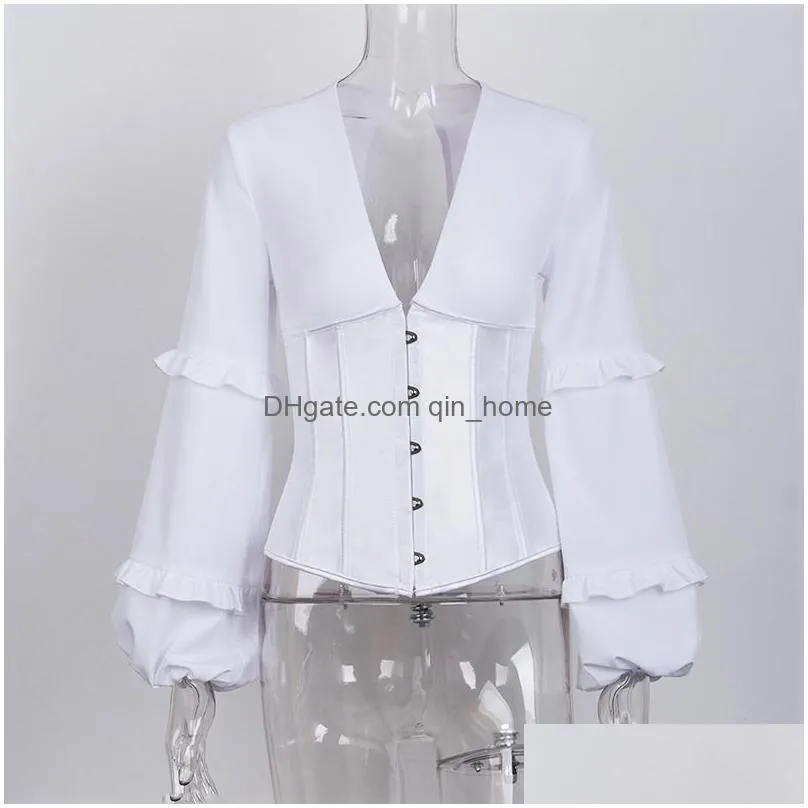 womens blouses shirts lace up solid v-neck womens tops and bustier corset sexy top hooks bubble sleeve spring