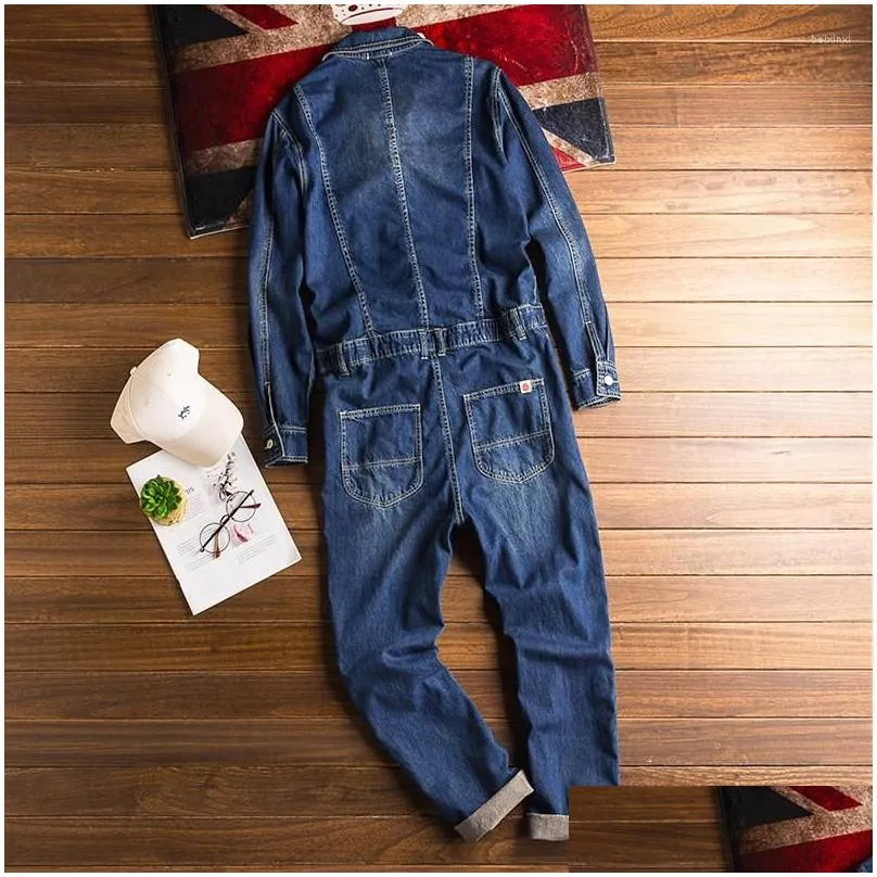 Men`S Jeans Mens Jeans 2023 Spring And Autumn Overalls Denim Jumpsuits Long Sleeve Lapel Loose Blue Cargo Pants Fashion Workwear Trou Dhpyx
