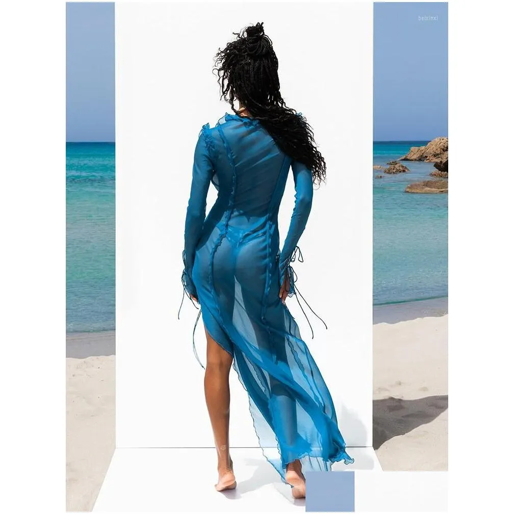 Women`S Swimwear Womens Swimwear Summer Beach Dress Women Elegant Bandage Ruffles Slim Maxi 2022 Y Blue Long Sleeve Evening Party Clu Dh8Ya