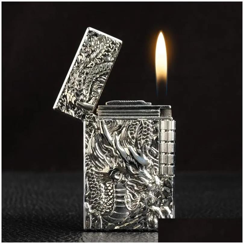 Lighters Dragon Gas Butane Refillable Lighter Grinding  Flint Metal Emboss Bright Sound Cigarette Cigar Inflated Drop Delivery Home Dhce4