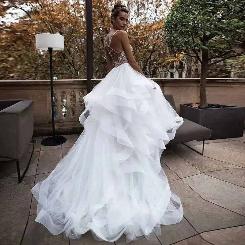 Chic Cascading Ruffles Wedding Dresses Spaghetti Strap Puffy Skirt Vestido De Novia Bead Top Cross Bridal Gown vestidos de novia