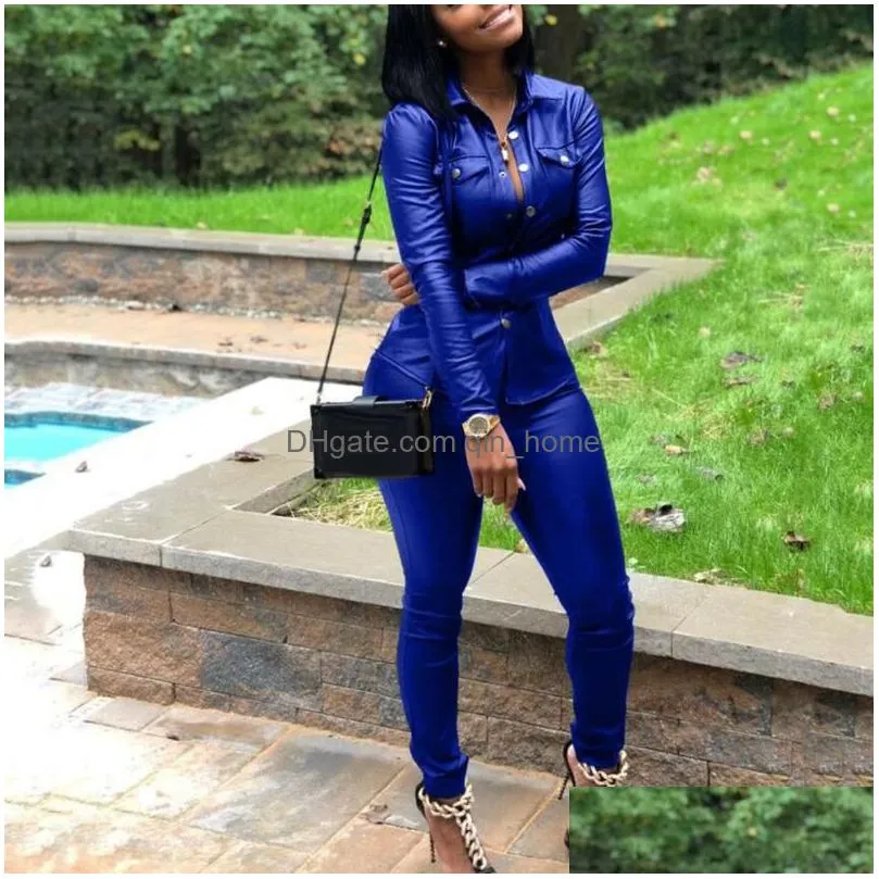 two piece dress 5 color s-xxxl winter overalls pu leather shirtaddpencil pant tracksuit fashion sexy women set pieces jumpsuit casual
