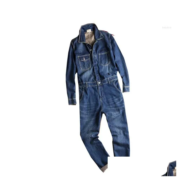 Men`S Jeans Mens Jeans 2023 Spring And Autumn Overalls Denim Jumpsuits Long Sleeve Lapel Loose Blue Cargo Pants Fashion Workwear Trou Dhpyx