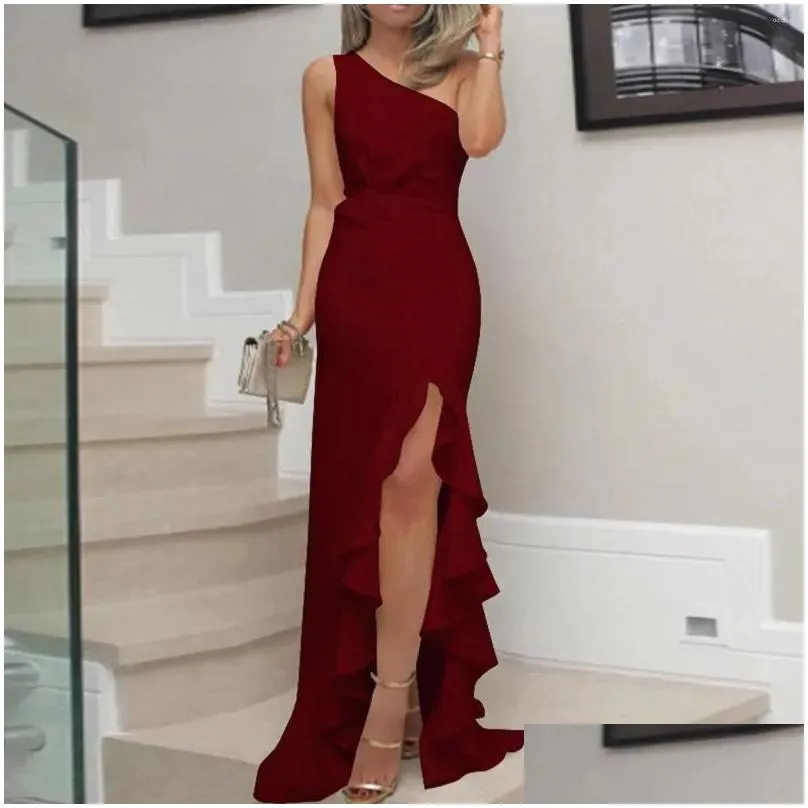 casual dresses womens ruched ruffle formal evening dress one shoulder slim vent solid color sexy elegant off party vestidos