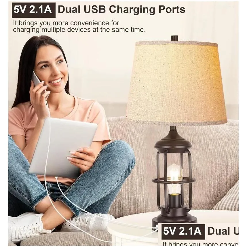 Table Lamps Lamp For Living Room With Usb Ports Touch Control 3-Way Dimmable Bedside Led Night Light Farmhouse Rustic Nightstand Drop Dhq5W