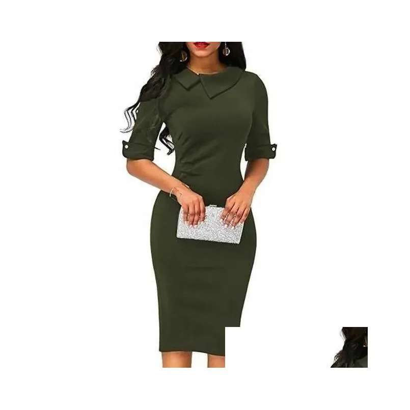 Basic & Casual Dresses Casual Dresses Women Spring Summer Turn-Down Collar Fit Work Dress Vintage Elegant Business Office Pencil Body Dhb5A