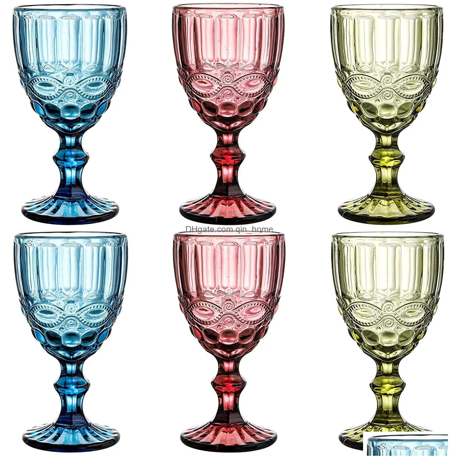 10oz wine glasses colored glass goblet with stem 300ml vintage pattern embossed romantic drinkware for party wedding fast