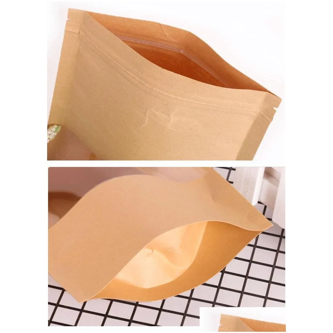 Gift Wrap 50Pcs/Lot Kraft Paper Bag Window Zip Lock Empty Dried Food Fruit Tea Gift Package Self Sealing Zipper Stand Up Bags Hh9-3727 Dhhfl