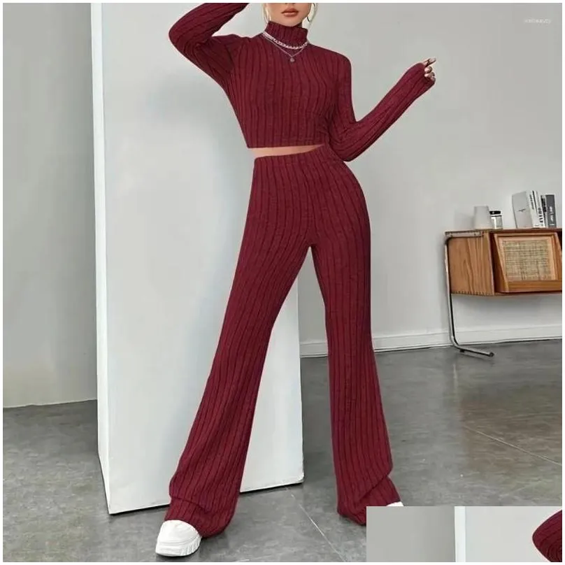 womens two piece pants women elegant knitted outfit winter set turtleneck cropped top high waist flared pullover