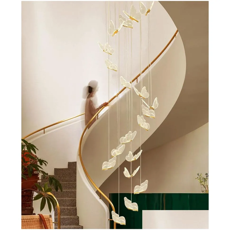 luxury modern golden butterfly staircase led chandelier nordic round dimmable suspension light duplex building villa dining chandelier