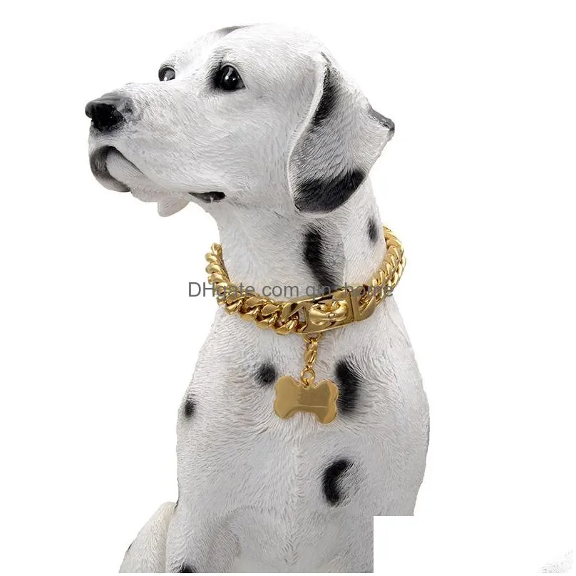 gold dog chain collar 18k collar with secure buckle stainless steel metal collars chew proof heavy duty cuban link for medium large