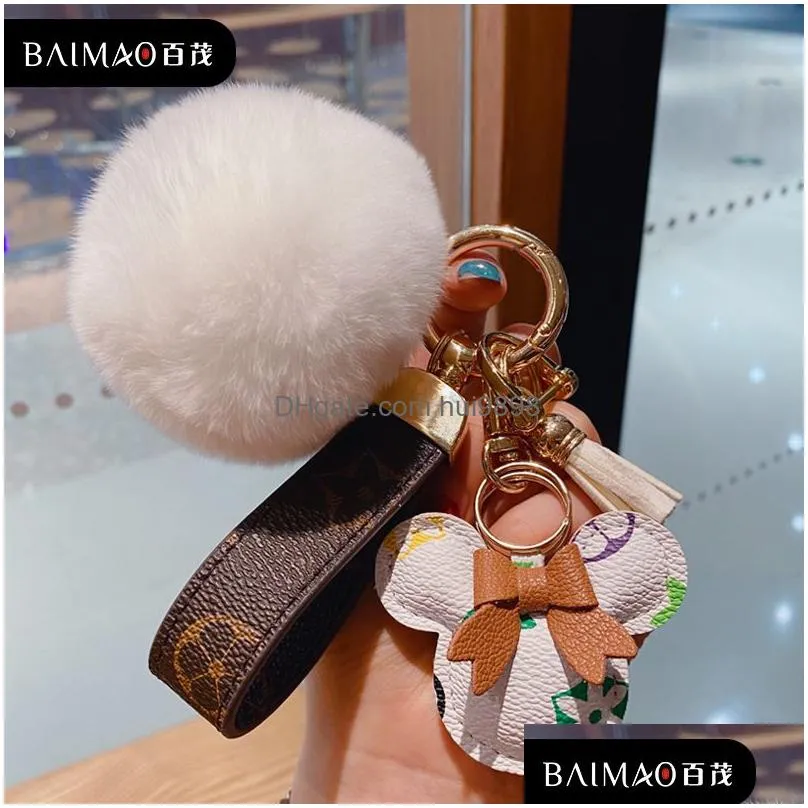 mouse design car keychain favor flower bag pendant charm jewelry keyring holder for men gift fashion pu leather animal key chain accessories pom