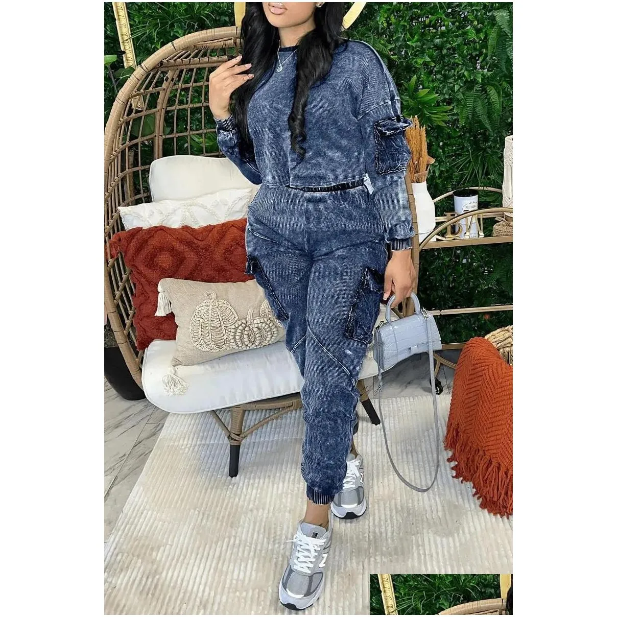 womens two piece pants est style casual pocket pullover long sleeve dark gray suit pieces set