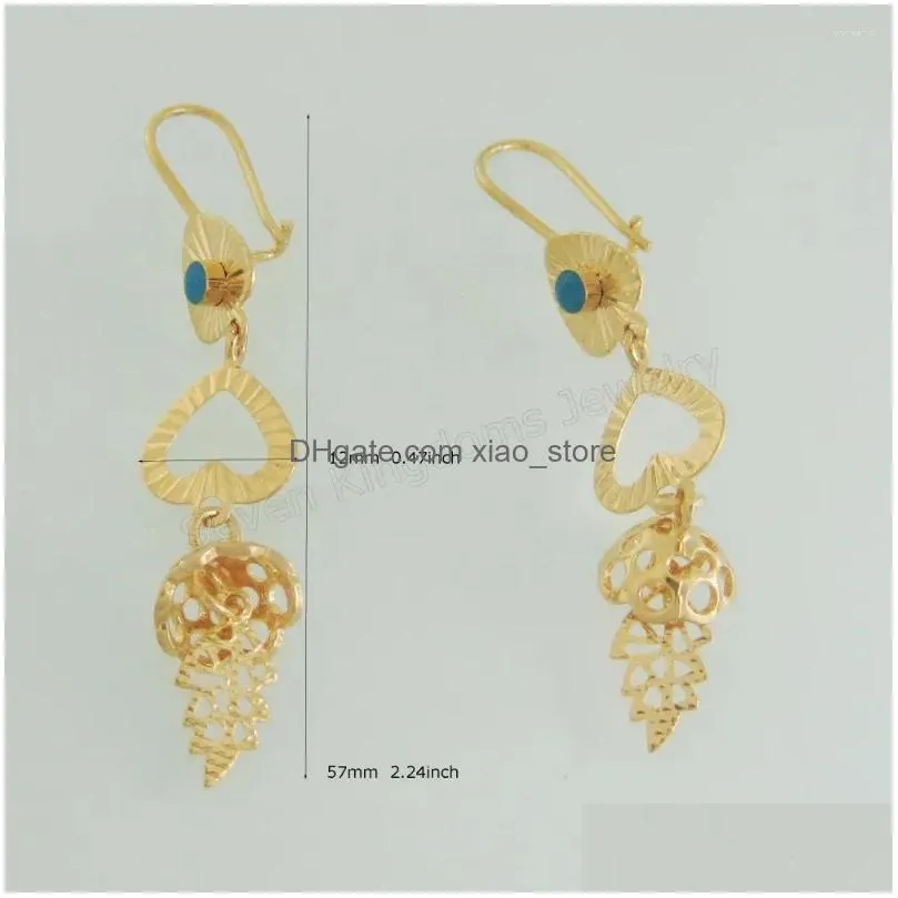 dangle earrings foromance yellow gold color blue enamel heart leaf shaped tall 2.24 earring width 0.47