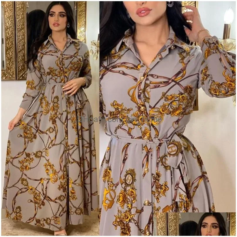 casual dresses fashion french elegant for women summer retro print muslim dubai abaya lapel single-breasted long sleeve shirt dress