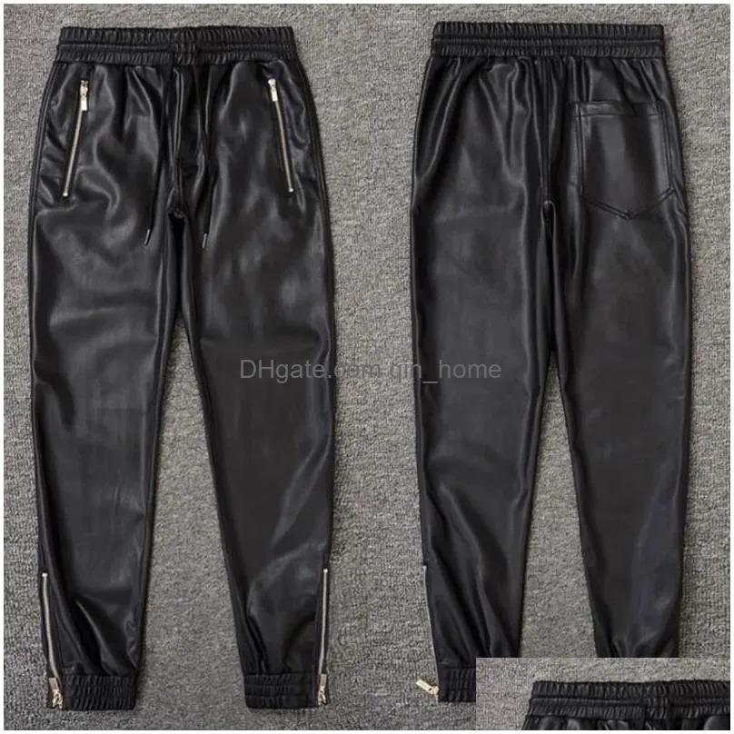 tsingyi moto biker faux leather pants men joggers harem pant elastic waist zipper pockets black streetwear slim fit men