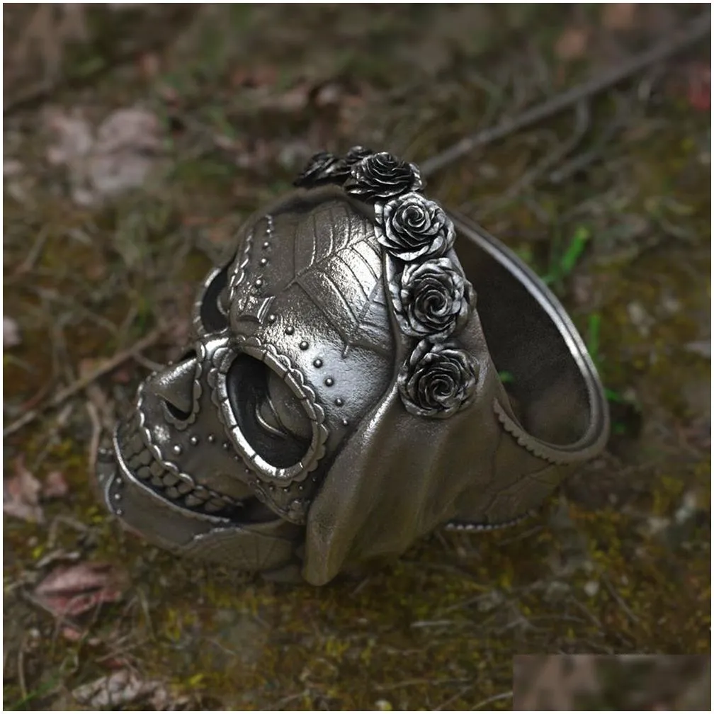 goth santa muerte ring rose crown sugar skull stainless steel rings womens punk biker jewelry unique gift7277608