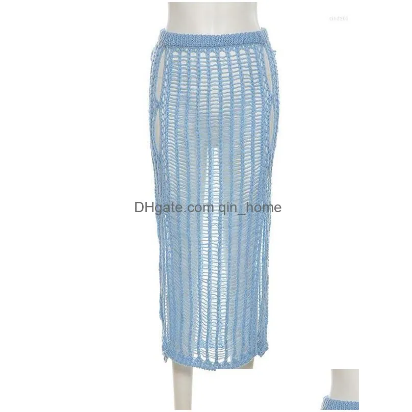 skirts sexy cloghet knitted long summer vacation outfits beach club wear hollow out split maxi skirt yellow